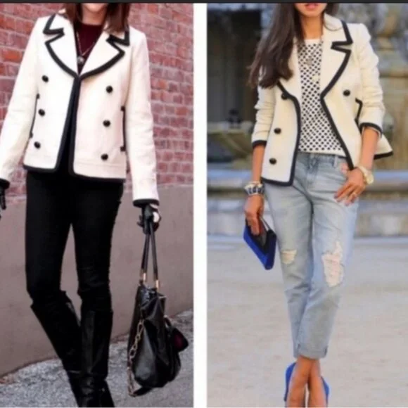 J. Crew Nello Gori Cream Black Double Breasted Wool Peacoat Jacket Blazer Size 8 - Picture 2 of 9